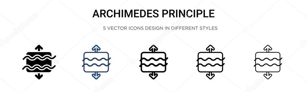 Archimedes principle icon in filled, thin line, outline and stroke style. Vector illustration of two colored and black archimedes principle vector icons designs can be used for mobile, ui, web