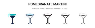 Narlı martini ikonu. İnce çizgi, özet ve vuruş stili. Mobil, ui, web için iki renkli ve siyah nar martini taşıyıcı ikonu tasarımı kullanılabilir