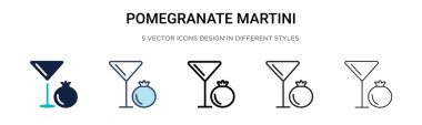 Narlı martini ikonu. İnce çizgi, özet ve vuruş stili. Mobil, ui, web için iki renkli ve siyah nar martini taşıyıcı ikonu tasarımı kullanılabilir