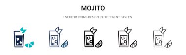 Mojito simgesi doldurulmuş, ince çizgi, özet ve vuruş stili. Mojito ve siyah mojito vektör simgelerinin vektör illüstrasyonu mobil, ui, web için kullanılabilir