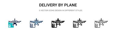 Uçak ikonu ile teslimat, ince çizgi, özet ve vuruş stili. Uçak vektör simgeleri ile iki renkli ve siyah dağıtım vektör illüstrasyonu mobil, ui, web için kullanılabilir