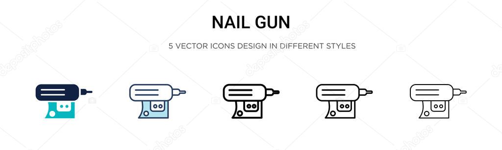 Nail gun icon in filled, thin line, outline and stroke style. Vector illustration of two colored and black nail gun vector icons designs can be used for mobile, ui, web
