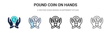 Dolu, ince çizgi halinde, taslak şeklinde ve vuruş stiliyle. El vektör simgeleri üzerindeki iki renkli ve siyah poundluk madeni paranın vektör çizimi mobil, ui, web için kullanılabilir