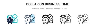 İş zamanı ikonu için dolar, ince çizgi, özet ve vuruş stili. İş zamanı vektör simgeleri üzerinde iki renkli ve siyah doların vektör illüstrasyonu mobil, ui, web için kullanılabilir