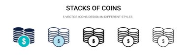 Dolu, ince çizgili, ana hatlı ve vuruş tarzında para yığınları. Mobil, ui, web için iki renkli ve siyah sikke vektör ikonu dizaynının vektör illüstrasyonu kullanılabilir