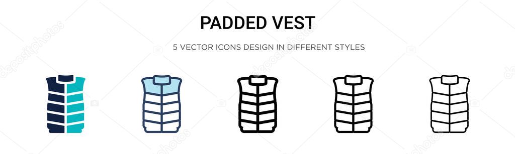 Padded vest icon in filled, thin line, outline and stroke style. Vector illustration of two colored and black padded vest vector icons designs can be used for mobile, ui, web