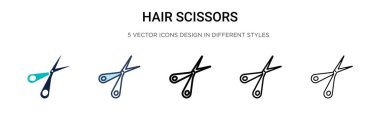 Saç makas simgesi dolu, ince çizgi, ana hatlar ve vuruş stili. Mobil, ui, web için iki renkli ve siyah saç makas vektör ikonu tasarımı vektör illüstrasyonu kullanılabilir