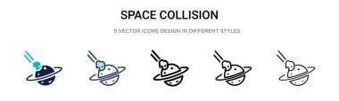 Uzay çarpışma ikonu doldurulmuş, ince çizgi, ana hatlar ve vuruş stili. Mobil, ui, web için iki renkli ve siyah uzay vektör ikonlarının vektör çizimi kullanılabilir