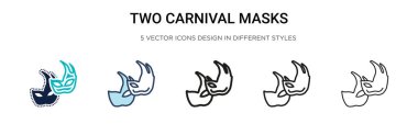 İki karnaval maskesi ikonu doldurulmuş, ince çizgi, ana hatlar ve vuruş stili. İki renkli ve siyah karnaval maskesi vektör ikonu tasarımı mobil, ui, web için kullanılabilir