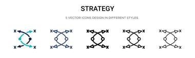 Strateji ikonu dolu, ince çizgi, özet ve vuruş stili. Mobil, ui, web için iki renkli ve siyah strateji vektör ikonu tasarımının vektör illüstrasyonu kullanılabilir