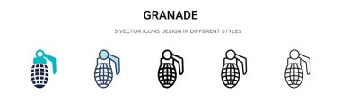 Dolu, ince çizgili, ana hatlı ve vuruş stili bir el bombası ikonu. Mobil, ui, web için iki renkli ve siyah granade vektör ikonu tasarımı vektör illüstrasyonu kullanılabilir