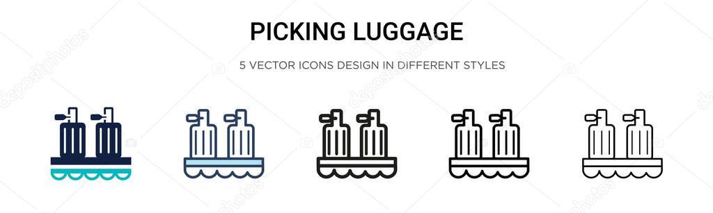 Picking luggage icon in filled, thin line, outline and stroke style. Vector illustration of two colored and black picking luggage vector icons designs can be used for mobile, ui, web