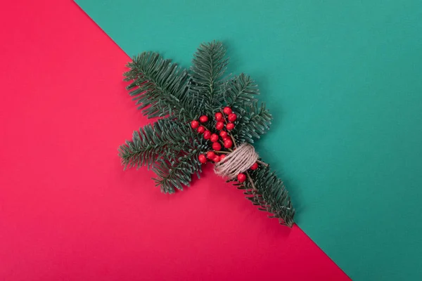 Red and green christmas composition with pine branch. — Stock Photo, Image