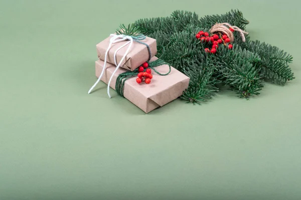 Dos regalos de Navidad y rama de pino . —  Fotos de Stock