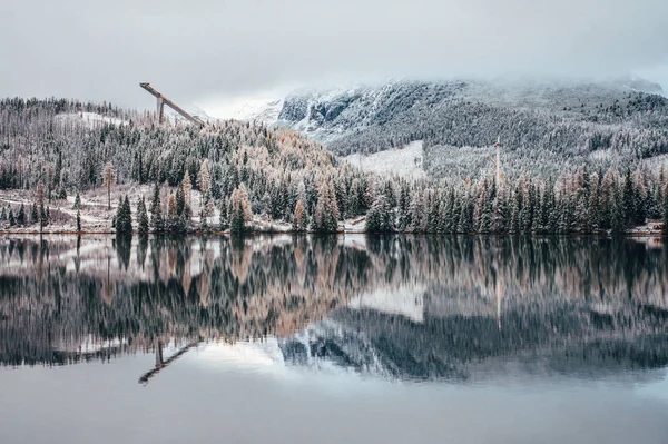 凍った青 白い冬の雪の山と湖の森 Strbske Pleso スロバキア — ストック写真