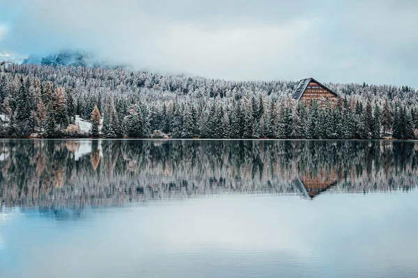Natura ghiacciata in riva al lago, paesaggio natalizio, paesaggio invernale. Strbske pleso, Slovacchia — Foto Stock