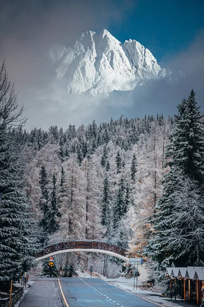 Christmas markets and white snowy mountains — ストック写真