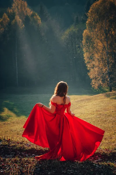 Beautiful brunette girl in a chic red dress posing in the fairy — Stock Photo, Image