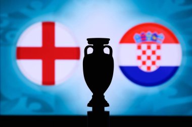 İngiltere Hırvatistan 'a karşı, Euro National bayrakları ve futbol kupası silueti. Futbol maçı için arka plan, D Grubu, Wembley, 14. Haziran 2020