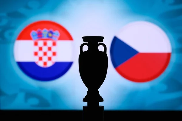 Κροατία εναντίον Τσεχικής Δημοκρατίας, Euro National flags και σιλουέτα τρόπαιων ποδοσφαίρου. Φόντο για ποδοσφαιρικό αγώνα, Ομάδα Δ, Γλασκώβη, 19. Ιούνιος 2020 — Φωτογραφία Αρχείου