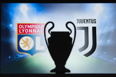 Lyon, Fransa, Aralık. 16 yaşında. 2019: Olympique Lyon (Fra), Juventus 'a karşı. Uefa Şampiyonlar Ligi 2020, 16 Ucl futbol raundu, Knockout sahnesi, playoff, Ucl kupası silüeti.