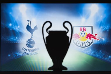 Londra, İngiltere, Aralık. 16 yaşında. 2019: Tottenham Hotspur (Eng) Rb Leipzig (Ger) 'e karşı. Uefa Şampiyonlar Ligi 2020, 16 Ucl futbol raundu, Knockout sahnesi, playoff, Ucl kupası silüeti.