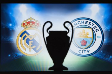 Madrid, İspanya, Aralık. 16 yaşında. 2019: Real Madrid (Esp) Manchester City 'ye karşı. Uefa Şampiyonlar Ligi 2020, 16 Ucl futbol raundu, Knockout sahnesi, playoff, Ucl kupası silüeti.