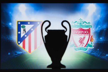 Madrid, İspanya, Aralık. 16 yaşında. 2019: Atl? tico Madrid (Esp) Liverpool 'a karşı. Uefa Şampiyonlar Ligi 2020, 16 Ucl futbol raundu, Knockout sahnesi, playoff, Ucl kupası silüeti.
