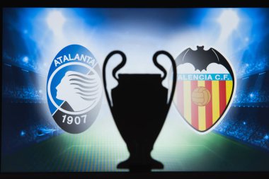 Bergamo, İtalya, Aralık. 16 yaşında. 2019: Atalanta Bergamo (Ita) Valencia Cf (Esp) 'e karşı. Uefa Şampiyonlar Ligi 2020, 16 Ucl futbol raundu, Knockout sahnesi, playoff, Ucl kupası silüeti.