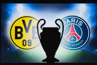 Dortmund, Almanya, Aralık. 16 yaşında. 2019: Borussia Dortmund (Ger), Paris Saint-Germain 'e karşı. Uefa Şampiyonlar Ligi 2020, 16 Ucl futbol raundu, Knockout sahnesi, playoff, Ucl kupası silüeti.