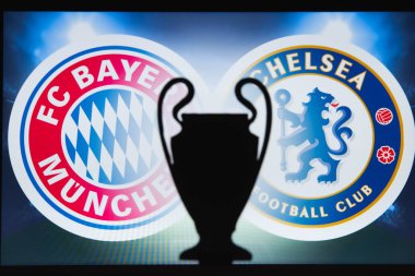 Münih, Almanya, Aralık. 16 yaşında. 2019: Bayern M? nchen (Ger) Chelsea London 'a karşı. Uefa Şampiyonlar Ligi 2020, 16 Ucl futbol raundu, Knockout sahnesi, playoff, Ucl kupası silüeti.