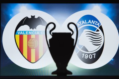Valencia, İspanya, Aralık. 16 yaşında. 2019: Valencia Cf (Esp) - Atalanta Bergamo (Ita). Uefa Şampiyonlar Ligi 2020, 16 Ucl futbol raundu, Knockout sahnesi, playoff, Ucl kupası silüeti.