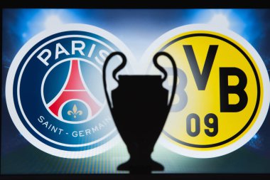 Paris, Fransa, Aralık. 16 yaşında. 2019: Paris Saint-Germain (Fra) Borussia Dortmund 'a karşı. Uefa Şampiyonlar Ligi 2020, 16 Ucl futbol raundu, Knockout sahnesi, playoff, Ucl kupası silüeti.