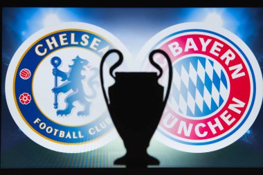 Londra, İngiltere, Aralık. 16 yaşında. 2019: Chelsea London (Eng) vs Bayern M? nchen (Ger). Uefa Şampiyonlar Ligi 2020, 16 Ucl futbol raundu, Knockout sahnesi, playoff, Ucl kupası silüeti.
