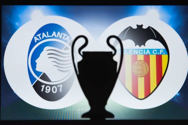 Bergamo, İtalya, Aralık. 16 yaşında. 2019: Atalanta Bergamo (Ita) Valencia Cf (Esp) 'e karşı. Uefa Şampiyonlar Ligi 2020, 16 Ucl futbol raundu, Knockout sahnesi, playoff, Ucl kupası silüeti.
