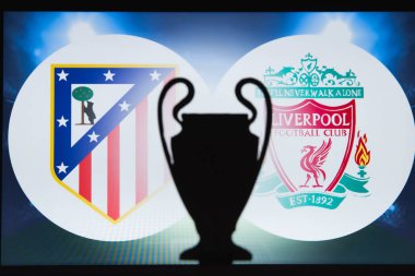 Madrid, İspanya, Aralık. 16 yaşında. 2019: Atl? tico Madrid (Esp) Liverpool 'a karşı. Uefa Şampiyonlar Ligi 2020, 16 Ucl futbol raundu, Knockout sahnesi, playoff, Ucl kupası silüeti.
