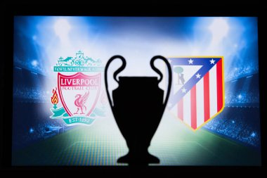 Liverpool, İngiltere, Aralık. 16 yaşında. 2019: Liverpool (Eng) vs Atl?? tico Madrid (Esp). Uefa Şampiyonlar Ligi 2020, 16 Ucl futbol raundu, Knockout sahnesi, playoff, Ucl kupası silüeti.