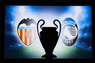 Valencia, İspanya, Aralık. 16 yaşında. 2019: Valencia Cf (Esp) - Atalanta Bergamo (Ita). Uefa Şampiyonlar Ligi 2020, 16 Ucl futbol raundu, Knockout sahnesi, playoff, Ucl kupası silüeti.