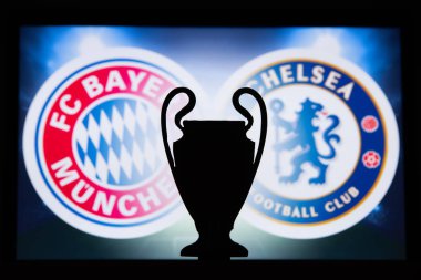 Münih, Almanya, Aralık. 16 yaşında. 2019: Bayern M? nchen (Ger) Chelsea London 'a karşı. Uefa Şampiyonlar Ligi 2020, 16 Ucl futbol raundu, Knockout sahnesi, playoff, Ucl kupası silüeti.