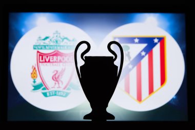Liverpool, İngiltere, Aralık. 16 yaşında. 2019: Liverpool (Eng) vs Atl?? tico Madrid (Esp). Uefa Şampiyonlar Ligi 2020, 16 Ucl futbol raundu, Knockout sahnesi, playoff, Ucl kupası silüeti.