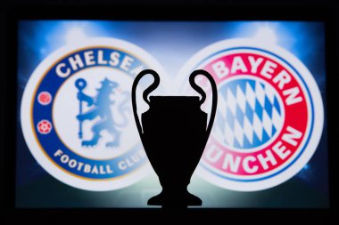 Londra, İngiltere, Aralık. 16 yaşında. 2019: Chelsea London (Eng) vs Bayern M? nchen (Ger). Uefa Şampiyonlar Ligi 2020, 16 Ucl futbol raundu, Knockout sahnesi, playoff, Ucl kupası silüeti.