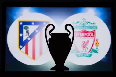 Madrid, İspanya, Aralık. 16 yaşında. 2019: Atl? tico Madrid (Esp) Liverpool 'a karşı. Uefa Şampiyonlar Ligi 2020, 16 Ucl futbol raundu, Knockout sahnesi, playoff, Ucl kupası silüeti.