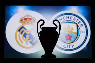 Madrid, İspanya, Aralık. 16 yaşında. 2019: Real Madrid (Esp) Manchester City 'ye karşı. Uefa Şampiyonlar Ligi 2020, 16 Ucl futbol raundu, Knockout sahnesi, playoff, Ucl kupası silüeti.
