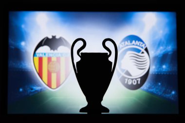Valencia, İspanya, Aralık. 16 yaşında. 2019: Valencia Cf (Esp) - Atalanta Bergamo (Ita). Uefa Şampiyonlar Ligi 2020, 16 Ucl futbol raundu, Knockout sahnesi, playoff, Ucl kupası silüeti.