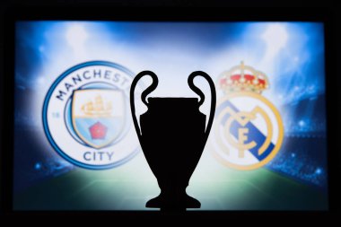 Manchester, İngiltere, Aralık. 16 yaşında. 2019: Manchester City (Eng), Real Madrid 'e karşı. Uefa Şampiyonlar Ligi 2020, 16 Ucl futbol raundu, Knockout sahnesi, playoff, Ucl kupası silüeti.