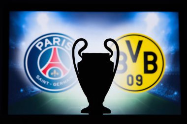 Paris, Fransa, Aralık. 16 yaşında. 2019: Paris Saint-Germain (Fra) Borussia Dortmund 'a karşı. Uefa Şampiyonlar Ligi 2020, 16 Ucl futbol raundu, Knockout sahnesi, playoff, Ucl kupası silüeti.