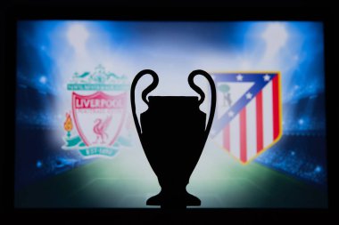 Liverpool, İngiltere, Aralık. 16 yaşında. 2019: Liverpool (Eng) vs Atl?? tico Madrid (Esp). Uefa Şampiyonlar Ligi 2020, 16 Ucl futbol raundu, Knockout sahnesi, playoff, Ucl kupası silüeti.