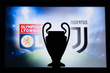 Lyon, Fransa, Aralık. 16 yaşında. 2019: Olympique Lyon (Fra), Juventus 'a karşı. Uefa Şampiyonlar Ligi 2020, 16 Ucl futbol raundu, Knockout sahnesi, playoff, Ucl kupası silüeti.