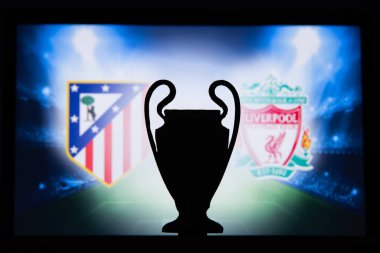 Madrid, İspanya, Aralık. 16 yaşında. 2019: Atl? tico Madrid (Esp) Liverpool 'a karşı. Uefa Şampiyonlar Ligi 2020, 16 Ucl futbol raundu, Knockout sahnesi, playoff, Ucl kupası silüeti.