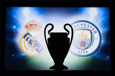 Madrid, İspanya, Aralık. 16 yaşında. 2019: Real Madrid (Esp) Manchester City 'ye karşı. Uefa Şampiyonlar Ligi 2020, 16 Ucl futbol raundu, Knockout sahnesi, playoff, Ucl kupası silüeti.